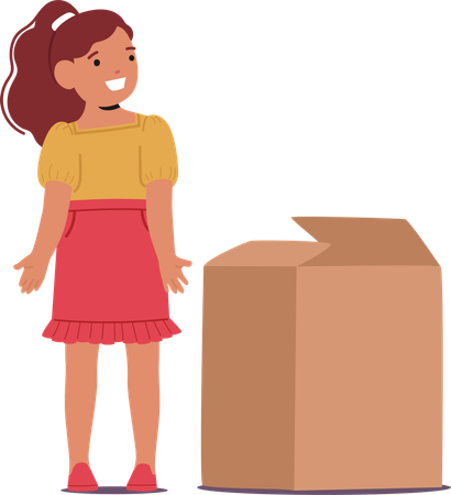 Girl standing next to cardboard box  Illustration