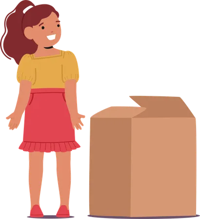 Girl standing next to cardboard box  Illustration