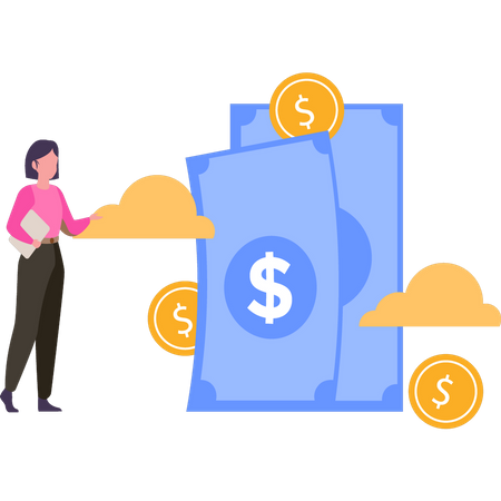 Girl standing next to cash  Illustration