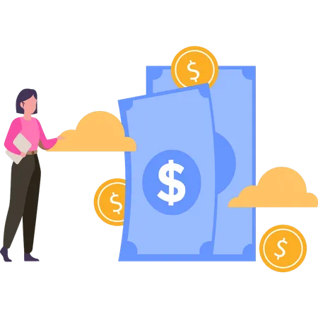 Girl standing next to cash  Illustration