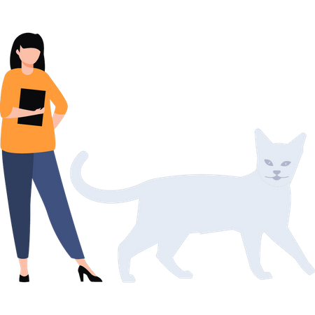 Girl standing next to cat holding tab  Illustration