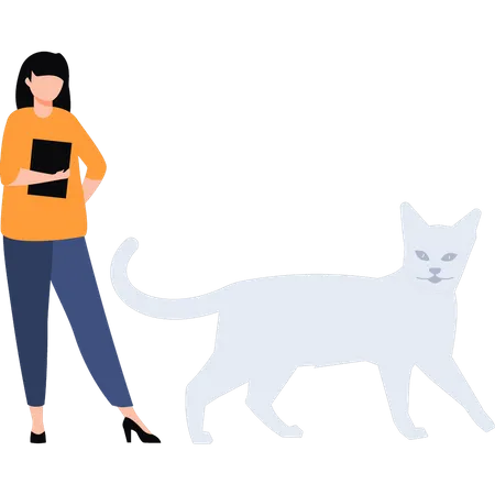 The Girl Is Standing Next To The Cat Holding The Tab Illustration