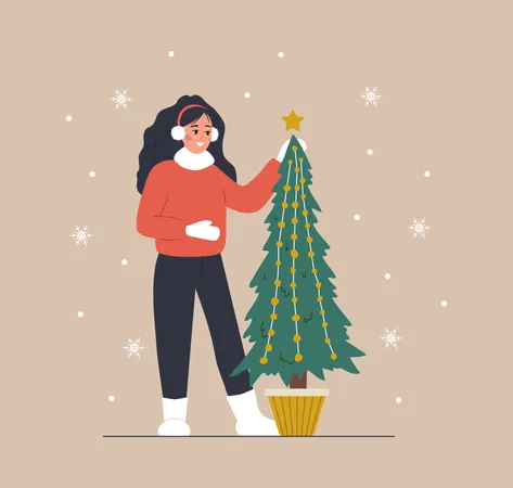 Woman Standing Next To Christmas Tree Smiling Girl Preparing For Winter Holidays People Decorate Christmas Fir New Year Postcard Vector Illustration In Flat Cartoon Style Illustration