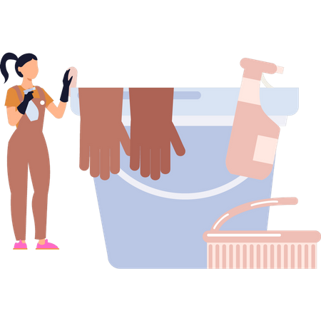 Girl standing next to cleaning bucket  イラスト