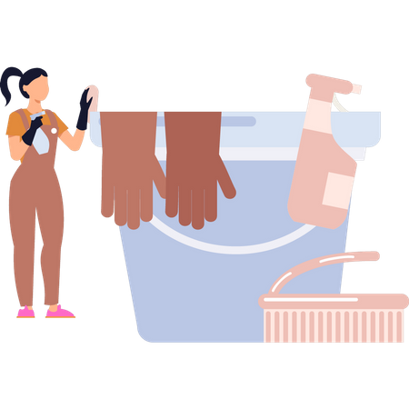 Girl standing next to cleaning bucket  Illustration