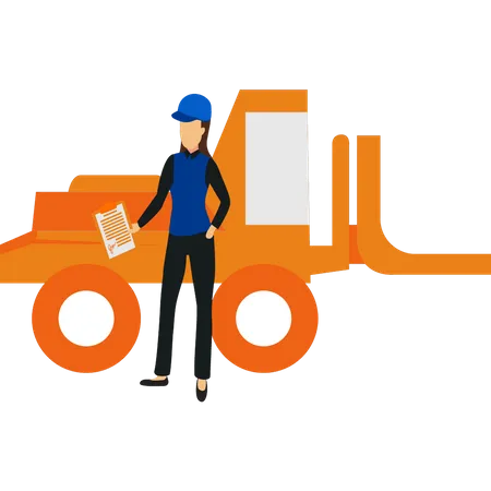 Girl standing next to construction transport  Illustration