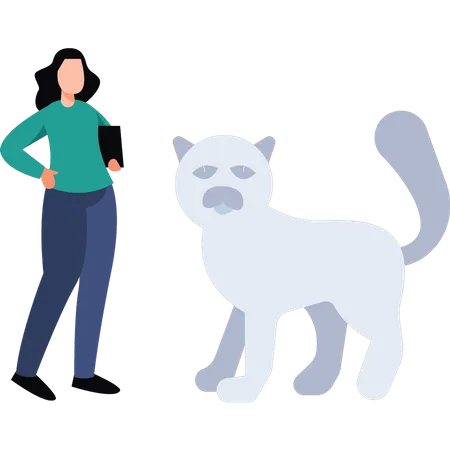 The Girl Is Standing Next To The Dog Holding A Tab Illustration