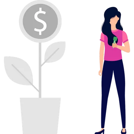 Girl standing next to dollar plant  Illustration