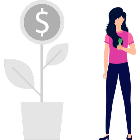 Girl standing next to dollar plant  Illustration