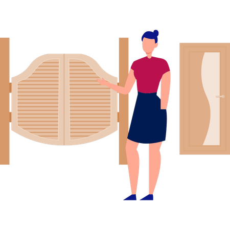 Girl standing next to door way  Illustration