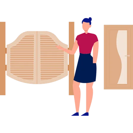 Girl standing next to door way  Illustration