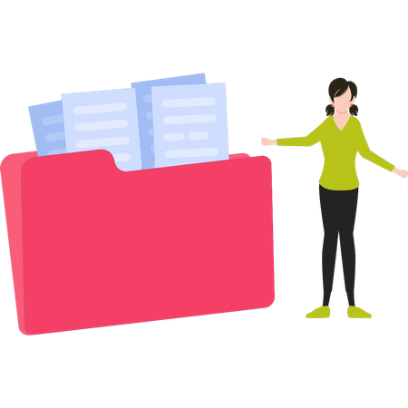 Girl standing next to file folder  Illustration