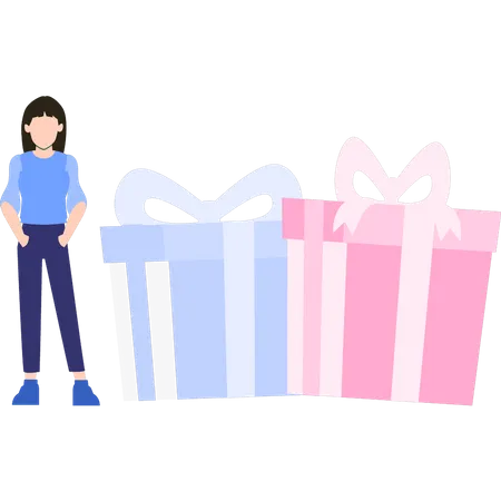 The Girl Is Standing Next To The Gifts Illustration