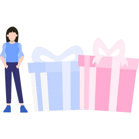 Girl standing next to gifts  Illustration