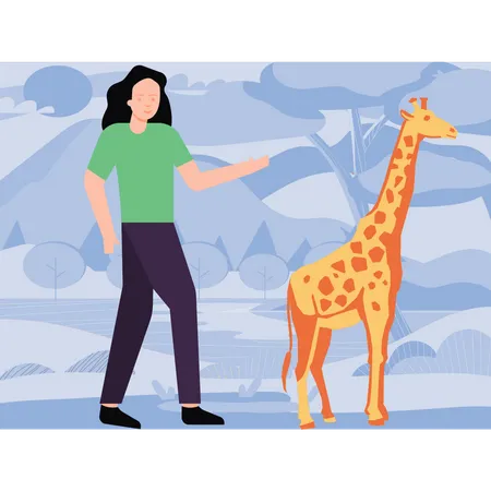 The Girl Is Standing Next To The Giraffe Illustration