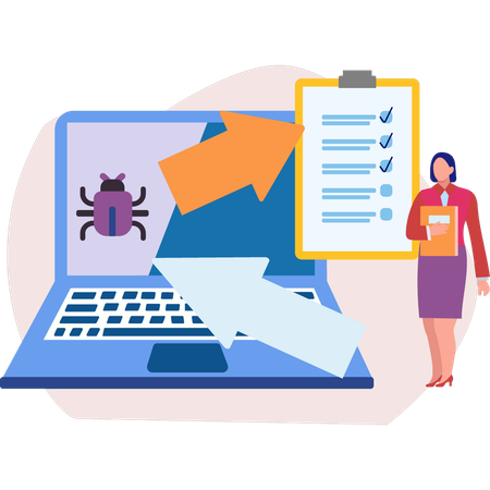 Girl standing next to infected laptop  Illustration