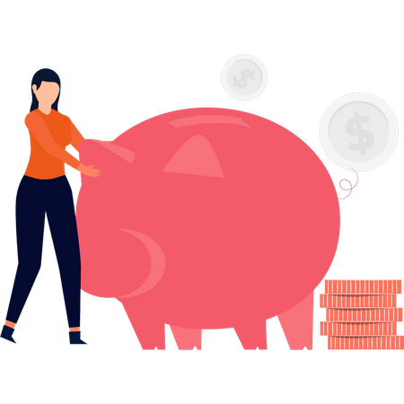 Girl standing next to piggy bank  Illustration