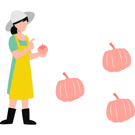 Girl standing next to pumpkin  Illustration