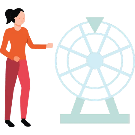 Girl standing next to spin board  Illustration