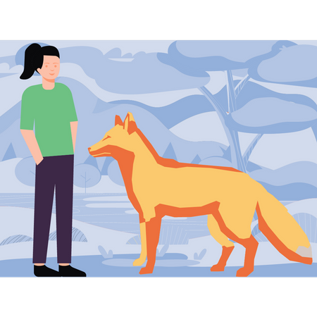 Girl standing next to the fox  Illustration