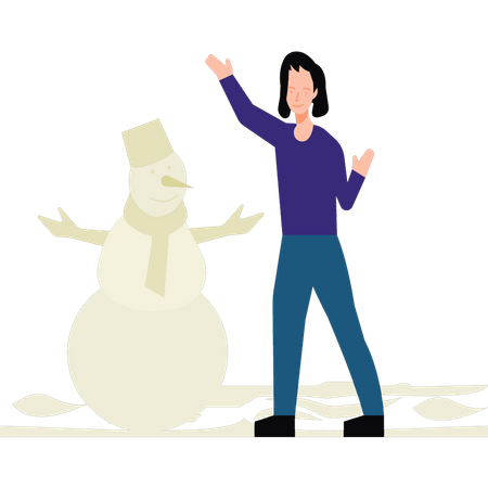 Girl standing next to the snowman Illustration