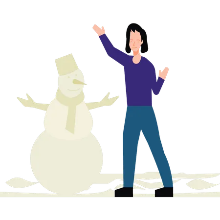Girl standing next to the snowman  Illustration