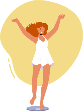 Girl standing on scales express positive emotions  Illustration