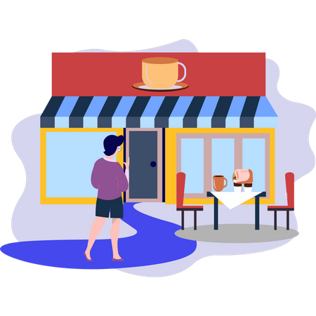 Girl standing outside cafe  Illustration