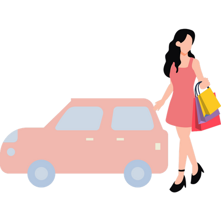 Girl standing outside car with bags  Illustration