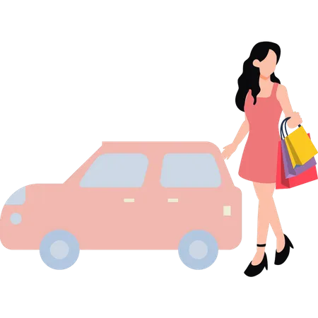 Girl standing outside car with bags  Illustration