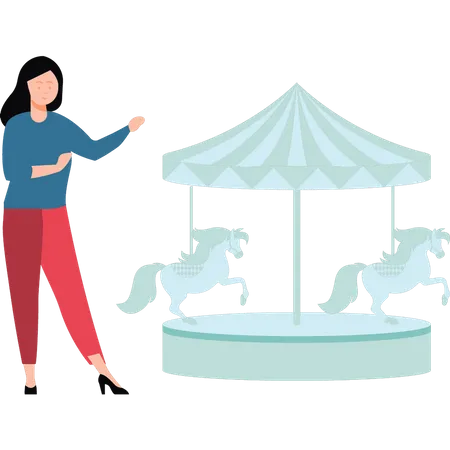 Girl standing outside merry go round  Illustration