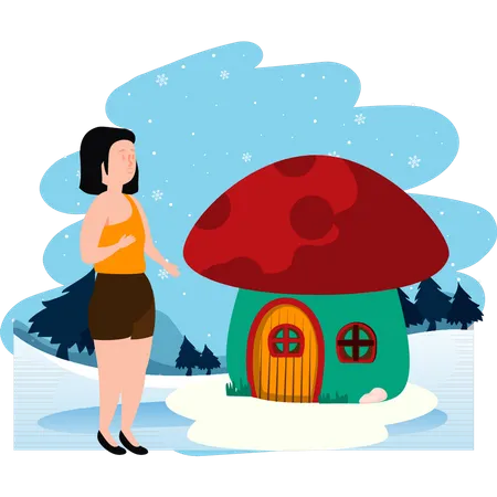The Girl Is Standing Outside A Mushroom House Illustration