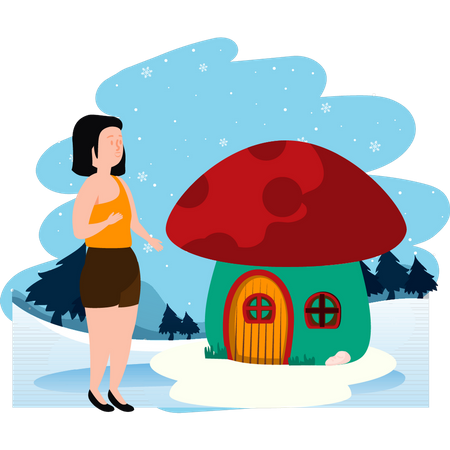 Girl standing outside mushroom house  Illustration