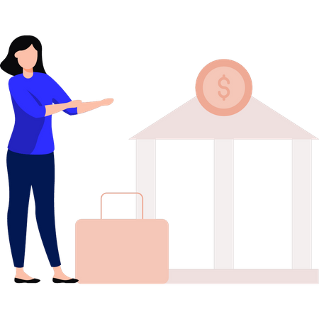 Girl standing outside the bank  Illustration