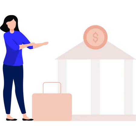 Girl standing outside the bank  Illustration