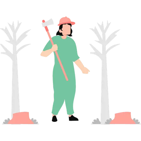 Girl standing with axe  Illustration