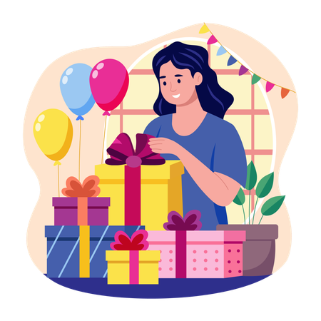 Girl standing with birthday gifts  Illustration