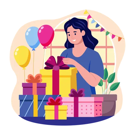 Girl standing with birthday gifts  Illustration