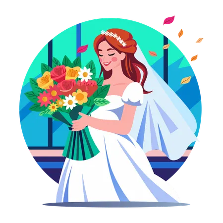 Girl standing with bride bouquet  Illustration