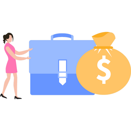 Girl standing with briefcase of dollars  Illustration