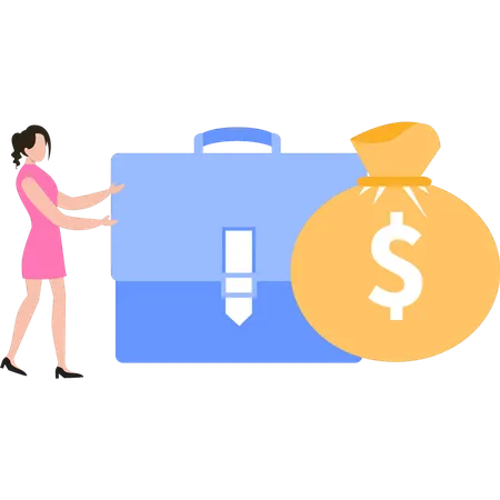 Girl standing with briefcase of dollars  Illustration
