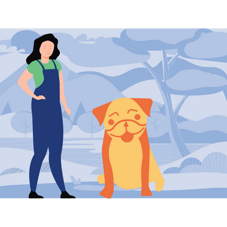 Girl standing with bull dog  イラスト