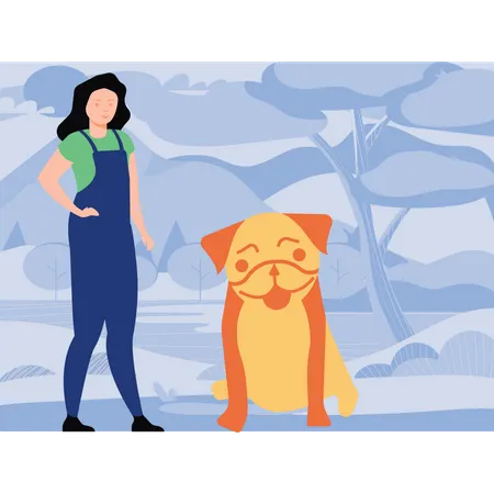 The Girl Has A Pet Bull Dog Illustration