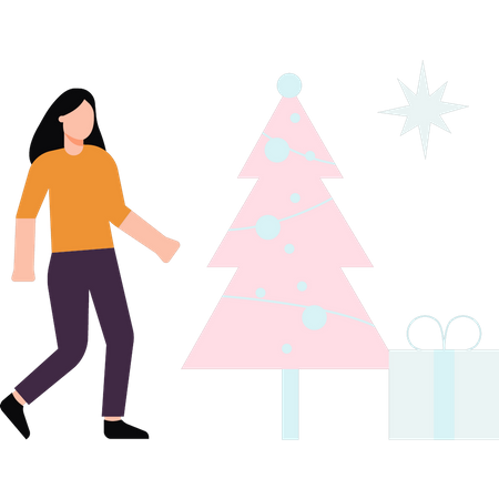 Girl standing with Christmas tree and gift  イラスト