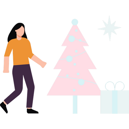 Girl standing with Christmas tree and gift  Illustration