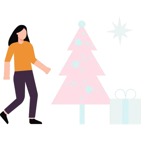 Girl standing with Christmas tree and gift  Illustration