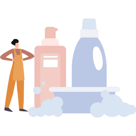 Girl standing with cleaning products  Illustration
