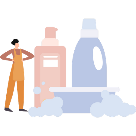 Girl standing with cleaning products  Illustration