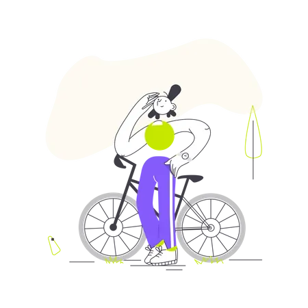 Girl standing with cycle  Illustration