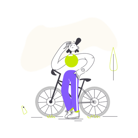 Girl standing with cycle  Illustration